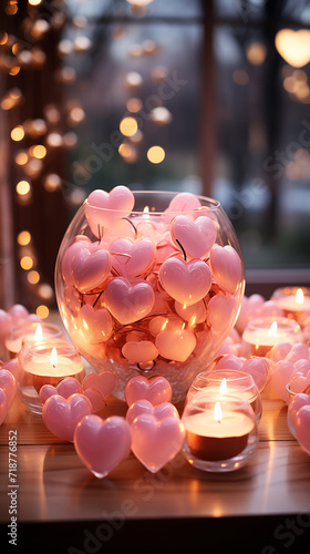 Romantic card for Valentine s Day celebration. Heart in candles and flowers. Bokeh lighting. Copy space