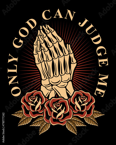 skull praying hands and rose in old school tattoo style