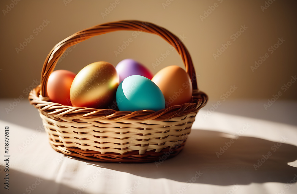 There are colored eggs of different colors in a basket on the table. happy Easter