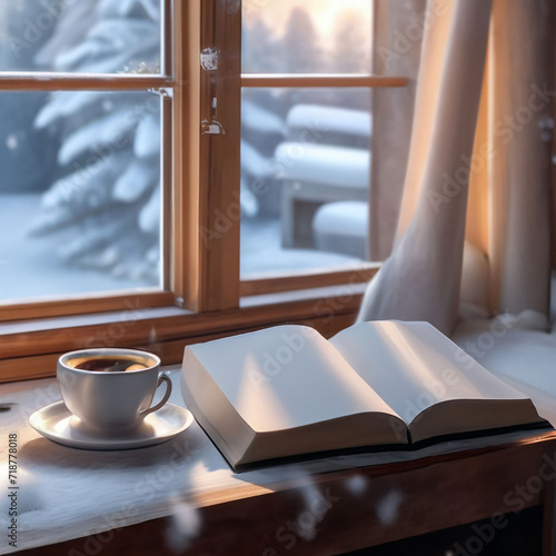 cup of coffee and open book on the windowsill