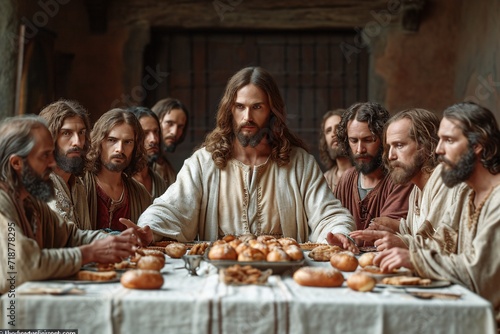 Jesus's Disciples Gather for a Bread-Filled Meal Generative AI photo