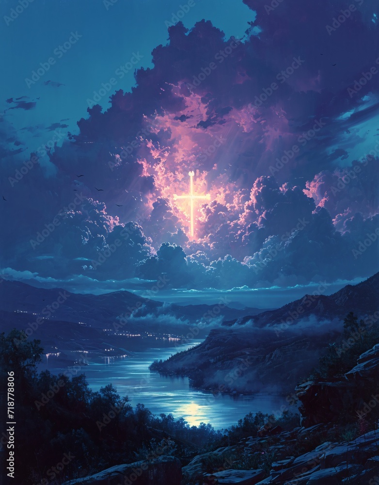 Purple Sky at Sunset: A Stunning View of the Cross in the Sky Generative AI Purple Sky at Sunset: A Stunning View of the Cross in the Sky Generative AI