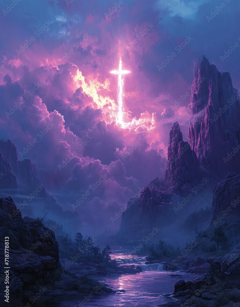 Purple Sky with Cross: A Stunning View of the Mountains Generative AI