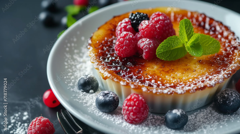 An ideal creme brulee dessert, with a beautiful presentation, unusual caramel color, and sugar, decorated with fresh berries and a mint leaf. Homemade food, restaurant. An ideal creme brulee dessert, with a beautiful presentation, unusual caramel color, and sugar, decorated with fresh berries and a mint leaf. Homemade food, restaurant.