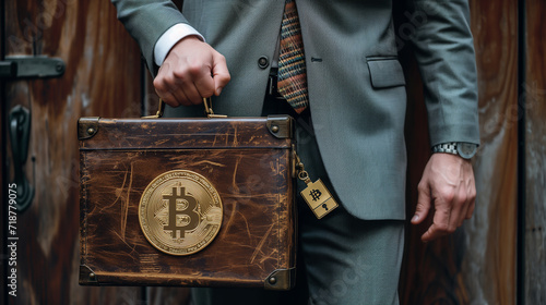 Person holding a bitcoin leather  suitcase, moneybag