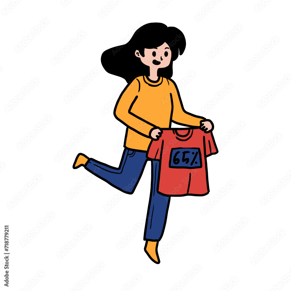 Illustration of a woman holding a t-shirt containing discount writing. Illustration for promotional, advertising, web, social and fashion ads. Vector Cartoon Illustration. Illustration of a woman holding a t-shirt containing discount writing. Illustration for promotional, advertising, web, social and fashion ads. Vector Cartoon Illustration.