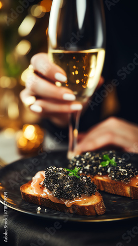 Bruschetta with black caviar. AI generated image.
