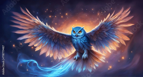 Fantasy blue colored owl with wings spread. © saurav005