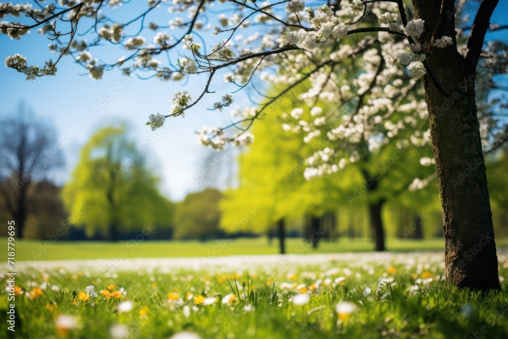 Sunny day in a lush green park with blooming trees. Nature background.