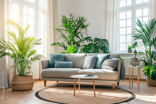 Stylish modern scandinavian interior of living room with grey sofa and plants