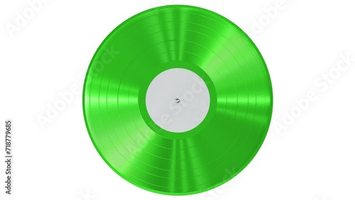 Realistic seamless looping 3D animation of the spinning single fancy green vinyl record with a blank white label rendered in UHD as motion background