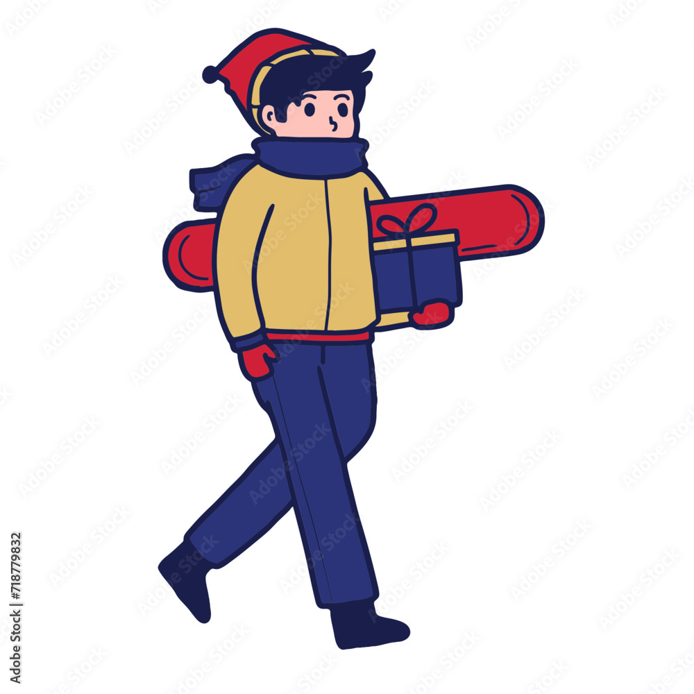 illustration of a man is walking carrying a christmas gift. winter activity, cartoon flat vector illustration illustration of a man is walking carrying a christmas gift. winter activity, cartoon flat vector illustration