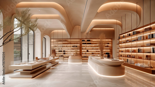 Minimalism fashion store with ceiling lights and beige wall
