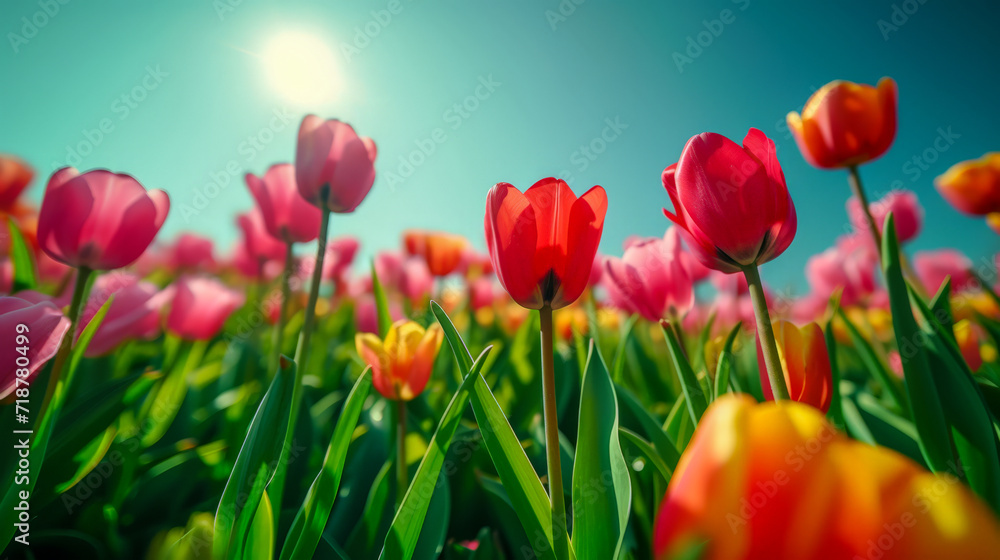 panorama of tulip field in sunset light and blue sky, spring banner