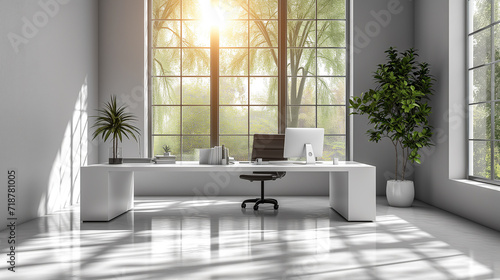 Sunny Modern Office Space with Large Window View, White Desk, and Indoor Greenery
