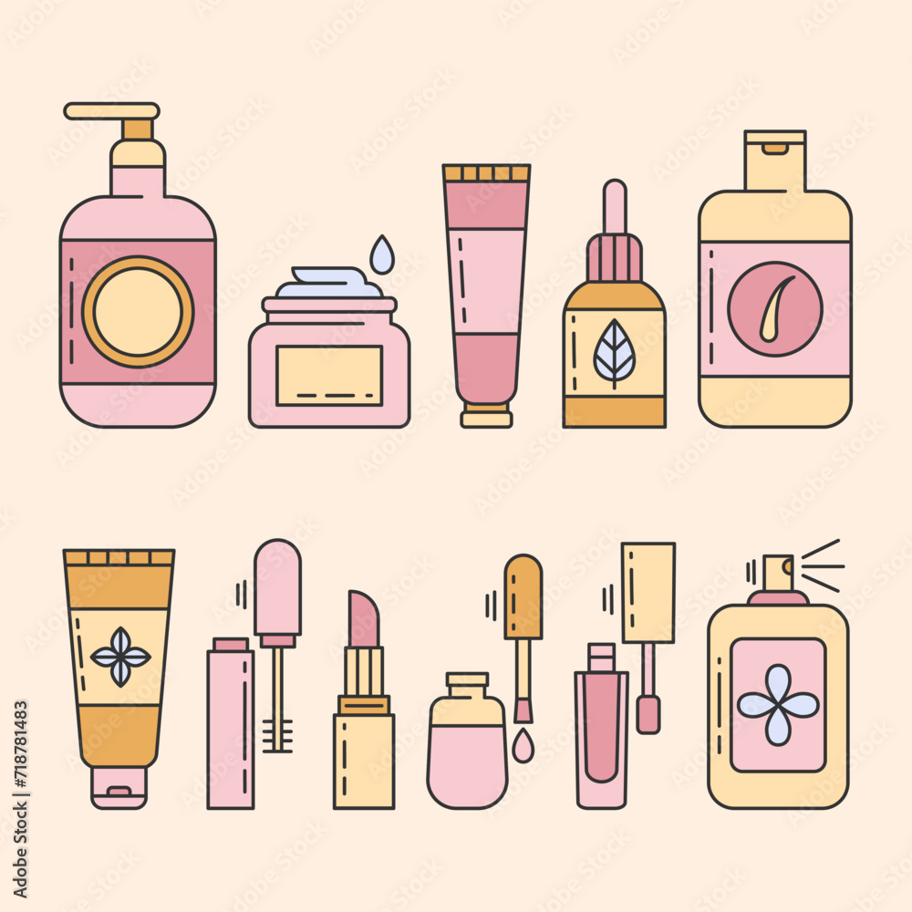 Skin,body,hair care line icons set.Makeup illustration sign collection.Various different cosmetic products. Packaging in different shapes for beauty products. Editable Stroke. Vector illustration EPS Skin,body,hair care line icons set.Makeup illustration sign collection.Various different cosmetic products. Packaging in different shapes for beauty products. Editable Stroke. Vector illustration EPS