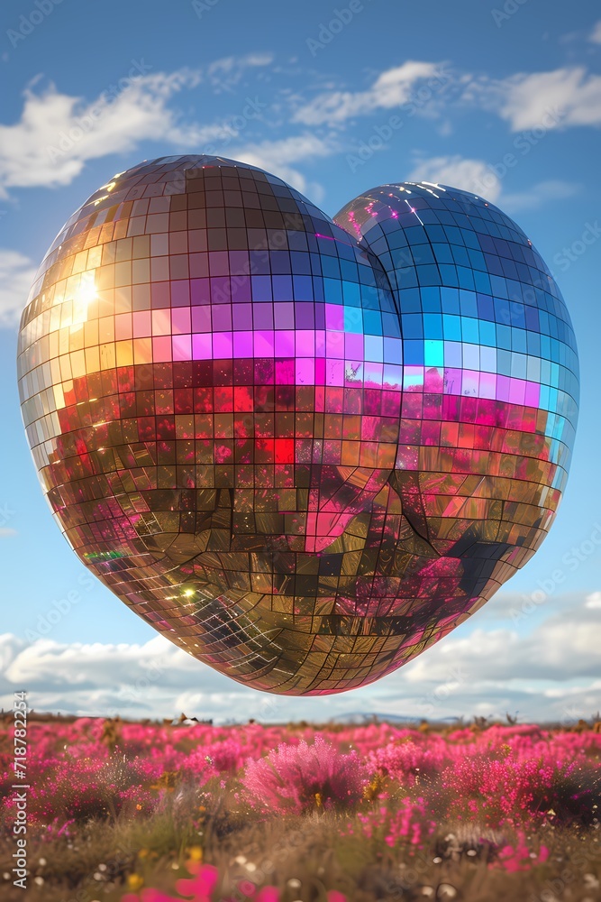 Fototapeta premium heart shape disco ball floating in the air with natural scene 