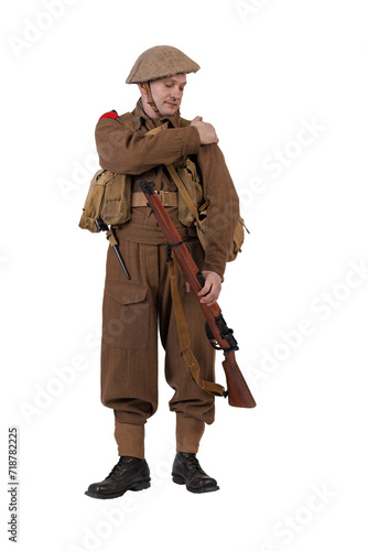 The man is an actor in vintage military uniform of the American soldier, period World War I, 1914-1918