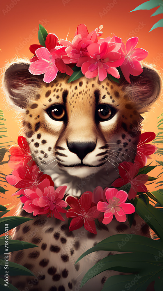 Super cute cheetah portrait in exotic garden. AI generated image.