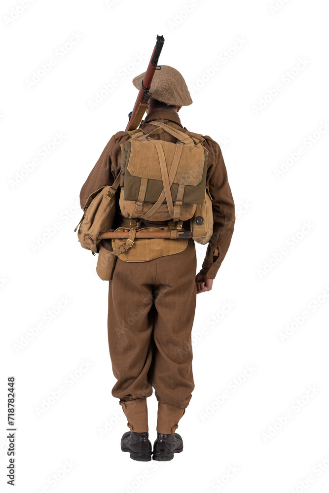 Obraz premium The man is an actor in vintage military uniform of the American soldier, period World War I, 1914-1918