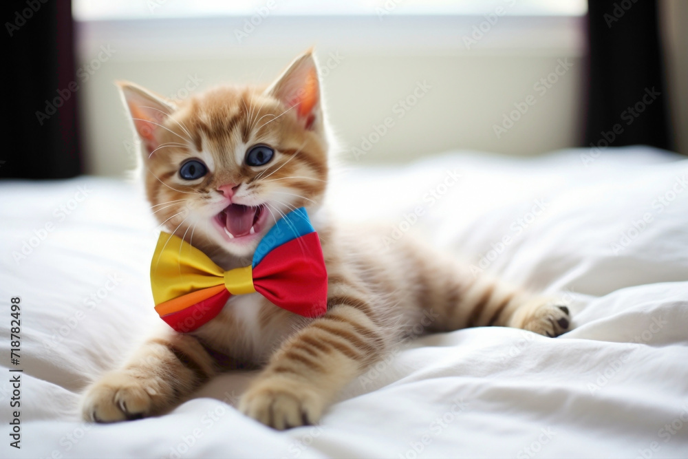 A happy kitten wearing a colorful bowtie, playfully rolling on a pristine white surface.