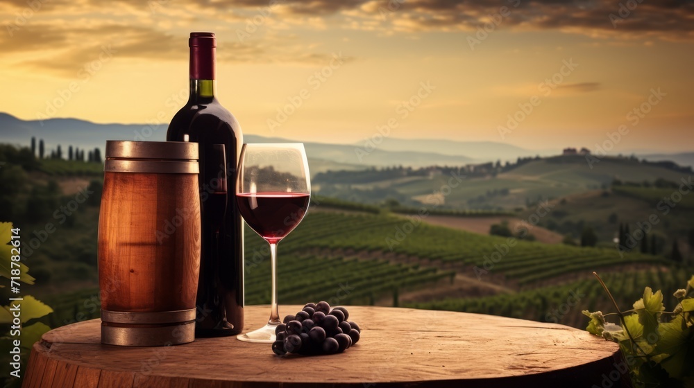 A composition of a bottle and a glass of red wine on a wooden barrel against the background of a vineyard and the sky at sunset. Alcoholic beverages, agricultural production concepts.