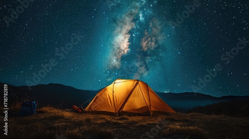 Illuminated tent under glowing night sky with stars and milky way. Tourist equipment for camping.