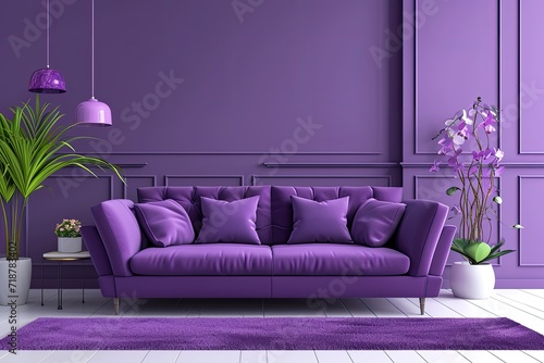 Modern purple living room design with sofa and furniture with flowers.