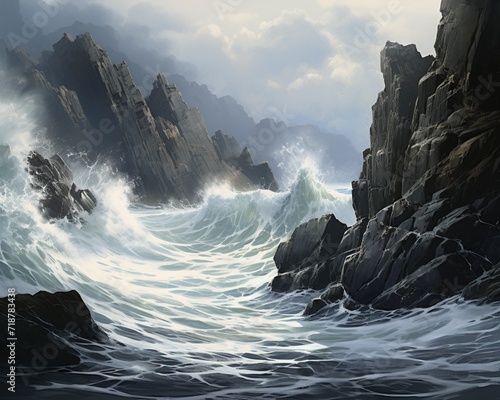 A rocky coastline with waves crashing against the cliffs, creating a dramatic and dynamic seascape.