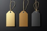 Assorted Blank Tags on Dark Background. Four blank paper tags with twine on a matte black surface, offering space for branding.
