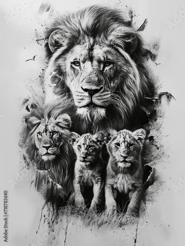 Lioness with lion cubs, image as a tattoo template