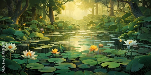 A peaceful pond surrounded by lotus flowers  where a family of ducks swims  and dragonflies dart above the water s surface.