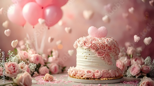 sweet pink and white cake with roses and balloon, for birthday, anniversary and special occasion 