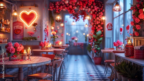 Romantic decorated cafe with heart and red roses