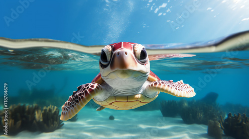 Hello summer. Super cute little turtle swimming in the blue lagoon. AI generated image.