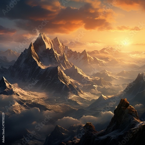 A rugged mountain range at sunrise, with the first light of day illuminating the peaks and casting shadows on the rolling clouds below.