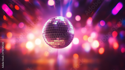 Disco ball on a night club. Party invitation concept. AI generated image.