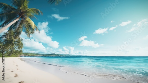 Serene tropical beach with clear sky and palm trees. Vacation and relaxation. © Postproduction