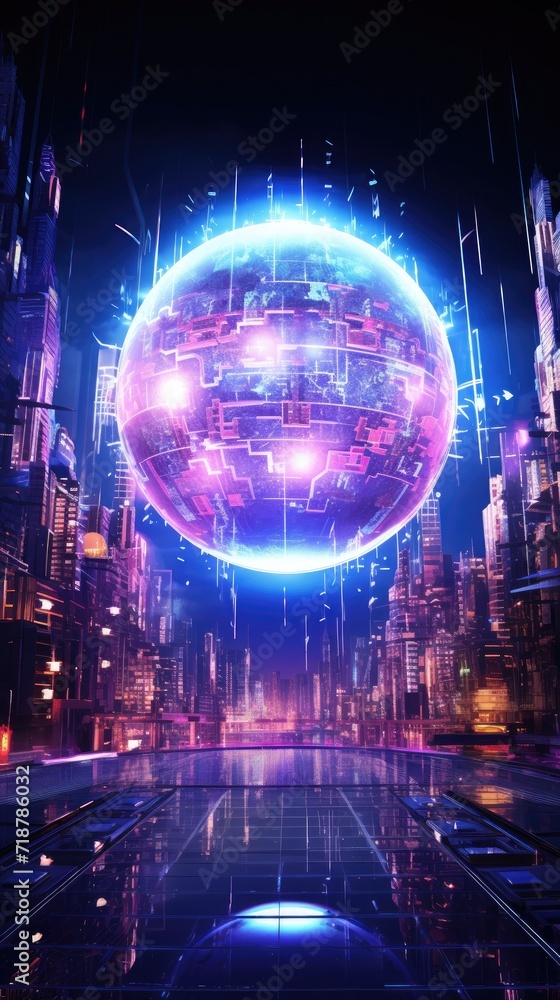 Fototapeta premium Futuristic Neon Cityscape with a Glowing Orb and Digital Matrix Background