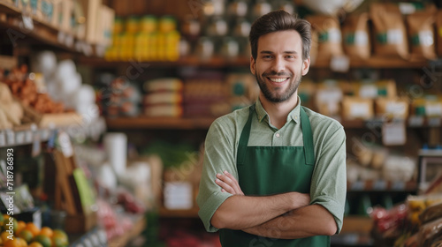 Salesman in green apron in grocery shop. 
