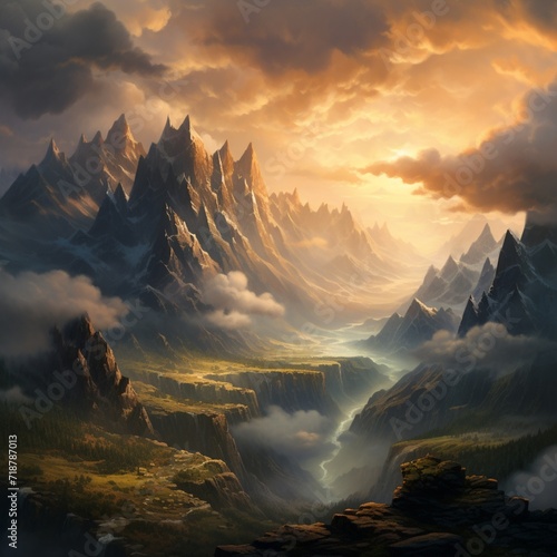 A rugged mountain range at sunrise, with the first light of day illuminating the peaks and casting shadows on the rolling clouds below. © Habib