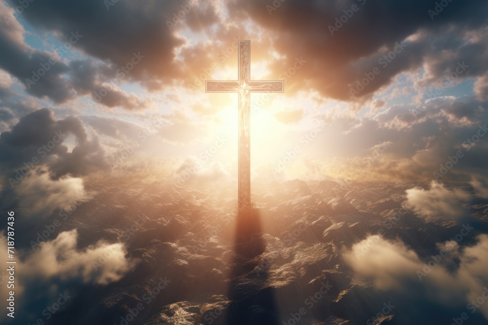 Jesus ascends to heaven in cloudshaped cross - obrazy, fototapety, plakaty 