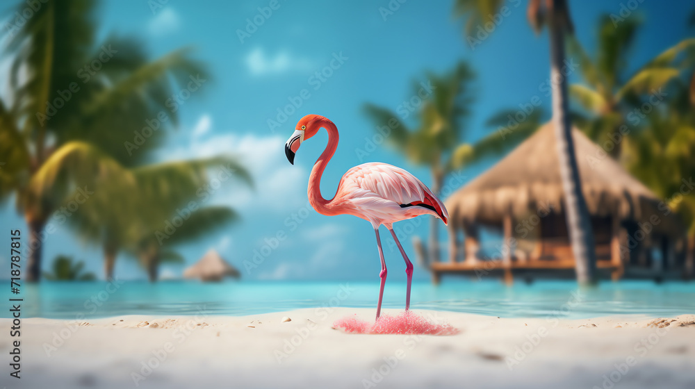 Fototapeta premium Beautiful pink flamingo on the white sand beach. AI generated image.