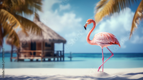 Beautiful pink flamingo on the white sand beach. AI generated image. photo