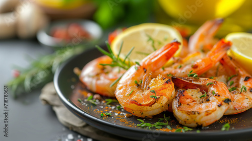 Fresh shrimp on a black plate with a fresh lemon slice, cooked shrimps, prawns, and seafood spicy chili sauce with coriander. Cooking shrimp salad with lemon and lime. Close-up banner with copy space.