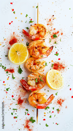 Spicy roasted shrimps isolated on white background. Top view, flat-lay banner with copy space, showcasing a flavorful brown and appetizing dish.