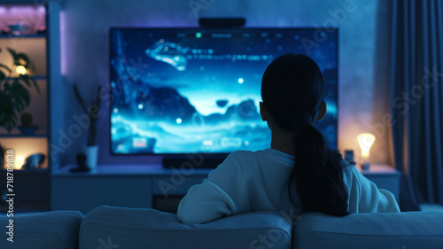 Woman watching series on big futuristic TV in living room, technology usage concept, ai generative