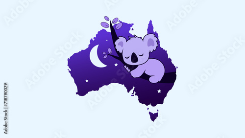 vector illustration of a cute koala sleeping on a tree branch, a cute Australian animal. Koala is sleeping. protected animals