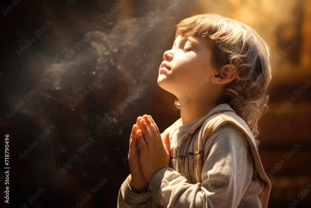 Children worship and pray to God online. - obrazy, fototapety, plakaty 