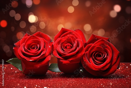 three red roses with red hearts around them